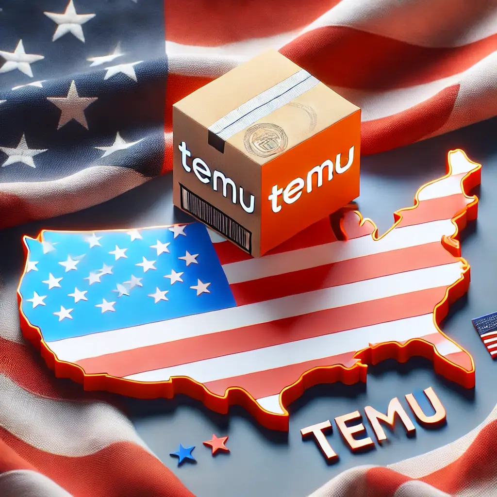 DALL·E 2024-11-05 10.56.11 - An image featuring the Temu logo placed next to a stylized map and flag of the United States. The map is in bold colors representing the U.S., and the
